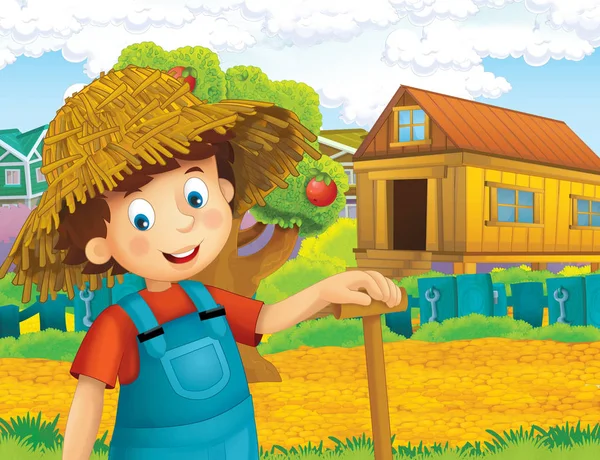 Zeichentrickszene Mit Glücklichem Jungen Bei Der Arbeit Auf Dem Bauernhof — Stockfoto
