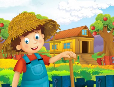 ayakta ve gülümseyen çiftlikte - çalışan mutlu çocuk çizgi film sahne / illüstrasyon çocuklar için 