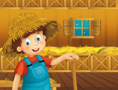 ayakta ve gülümseyen çiftlikte - çalışan mutlu çocuk çizgi film sahne / illüstrasyon çocuklar için 