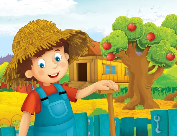 Cartoon Scene Happy Boy Working Farm Standing Smiling Illustration Children — Stock Photo, Image