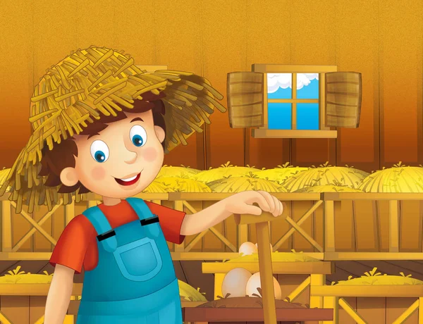 Kreskówka Scena Szczęśliwym Chłopcem Pracujących Gospodarstwie Stały Uśmiechnięte Ilustracja Dla — Zdjęcie stockowe