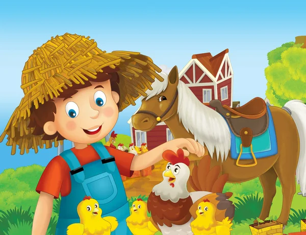 Kreslený Scény Šťastný Chlapec Farmě Stál Usmíval Ilustrace Pro Děti — Stock fotografie