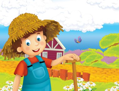 ayakta ve gülümseyen çiftlikte - çalışan mutlu çocuk çizgi film sahne / illüstrasyon çocuklar için 