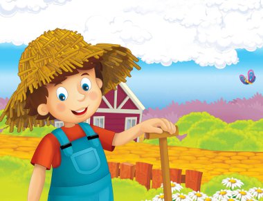 ayakta ve gülümseyen çiftlikte - çalışan mutlu çocuk çizgi film sahne / illüstrasyon çocuklar için 