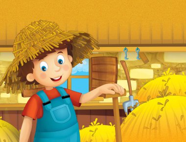 ayakta ve gülümseyen çiftlikte - çalışan mutlu çocuk çizgi film sahne / illüstrasyon çocuklar için 