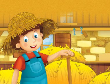 ayakta ve gülümseyen çiftlikte - çalışan mutlu çocuk çizgi film sahne / illüstrasyon çocuklar için 