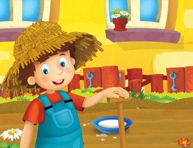 ayakta ve gülümseyen çiftlikte - çalışan mutlu çocuk çizgi film sahne / illüstrasyon çocuklar için 