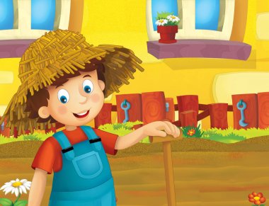 ayakta ve gülümseyen çiftlikte - çalışan mutlu çocuk çizgi film sahne / illüstrasyon çocuklar için 