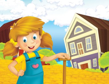 mutlu kız ayakta ve gülümseyen çiftlikte - çalışma ile çizgi film sahne / illüstrasyon çocuklar için