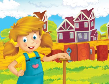 mutlu kız ayakta ve gülümseyen çiftlikte - çalışma ile çizgi film sahne / illüstrasyon çocuklar için