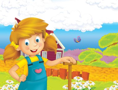 mutlu kız ayakta ve gülümseyen çiftlikte - çalışma ile çizgi film sahne / illüstrasyon çocuklar için