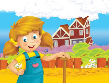 mutlu kız ayakta ve gülümseyen çiftlikte - çalışma ile çizgi film sahne / illüstrasyon çocuklar için