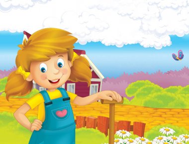 mutlu kız ayakta ve gülümseyen çiftlikte - çalışma ile çizgi film sahne / illüstrasyon çocuklar için