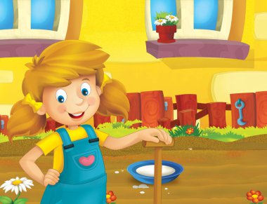 mutlu kız ayakta ve gülümseyen çiftlikte - çalışma ile çizgi film sahne / illüstrasyon çocuklar için