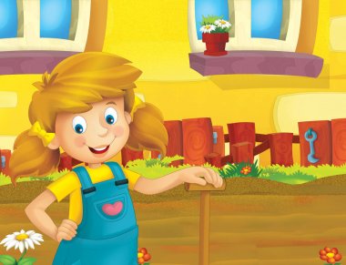 mutlu kız ayakta ve gülümseyen çiftlikte - çalışma ile çizgi film sahne / illüstrasyon çocuklar için