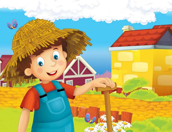 Cena Dos Desenhos Animados Com Menino Feliz Trabalhando Fazenda Sorrindo — Fotografia de Stock