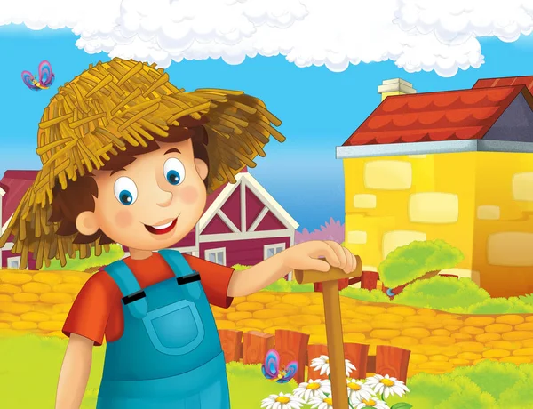 Cartoon Scene Happy Boy Working Farm Standing Smiling Illustration Children — Stock Photo, Image