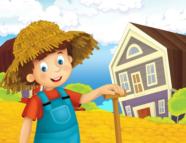 Cartoon Scene Happy Boy Working Farm Standing Smiling Illustration Children — Stock Photo, Image