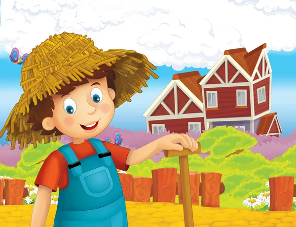 Zeichentrickszene Mit Glücklichem Jungen Bei Der Arbeit Auf Dem Bauernhof — Stockfoto