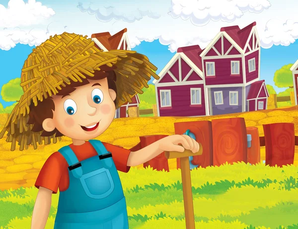 Cartoon Scene Happy Boy Working Farm Standing Smiling Illustration Children — Stock Photo, Image