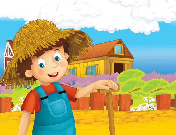 Cartoon Scene Happy Boy Working Farm Standing Smiling Illustration Children — Stock Photo, Image