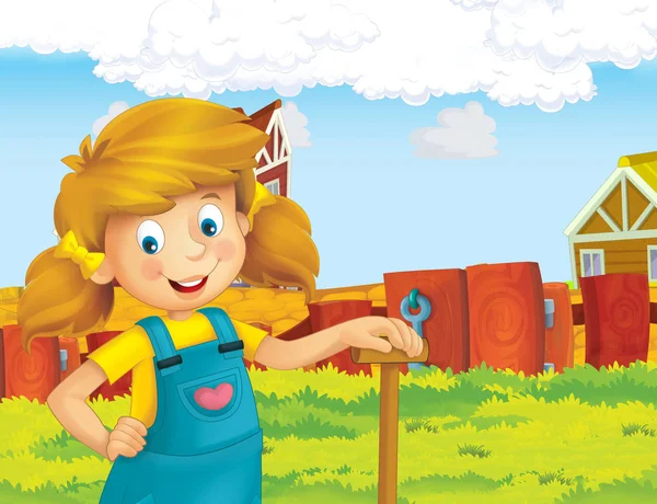 mutlu kız ayakta ve gülümseyen çiftlikte - çalışma ile çizgi film sahne / illüstrasyon çocuklar için