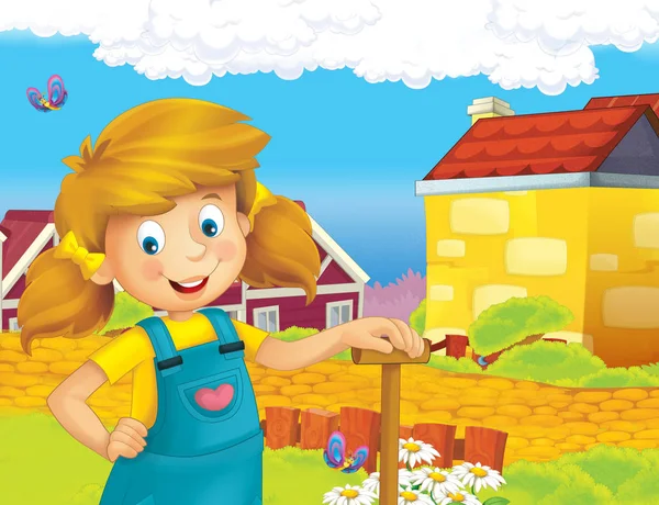 Cartoon Scene Happy Girl Working Farm Standing Smiling Illustration Children — Stock Photo, Image