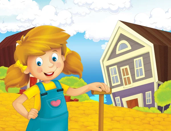 mutlu kız ayakta ve gülümseyen çiftlikte - çalışma ile çizgi film sahne / illüstrasyon çocuklar için