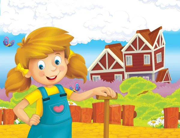 Cartoonszene Mit Glücklichem Mädchen Bei Der Arbeit Auf Dem Bauernhof — Stockfoto