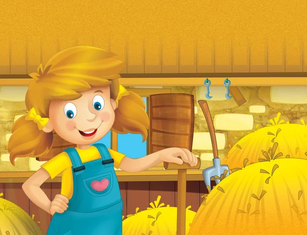 Cartoonszene Mit Glücklichem Mädchen Bei Der Arbeit Auf Dem Bauernhof — Stockfoto