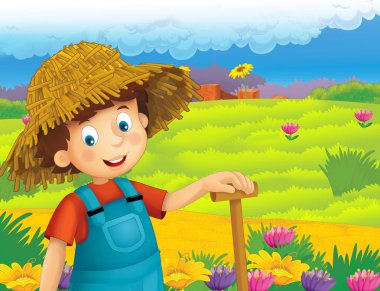 ayakta ve gülümseyen çiftlikte - çalışan mutlu çocuk çizgi film sahne / illüstrasyon çocuklar için