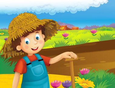 ayakta ve gülümseyen çiftlikte - çalışan mutlu çocuk çizgi film sahne / illüstrasyon çocuklar için