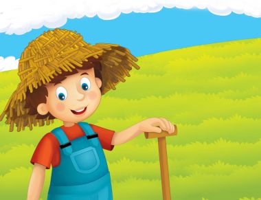 ayakta ve gülümseyen çiftlikte - çalışan mutlu çocuk çizgi film sahne / illüstrasyon çocuklar için