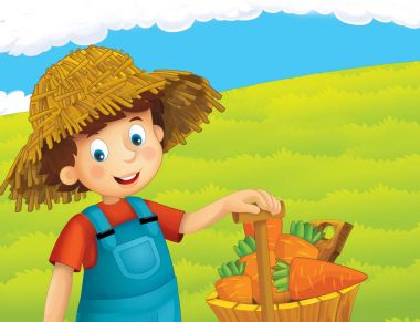 ayakta ve gülümseyen çiftlikte - çalışan mutlu çocuk çizgi film sahne / illüstrasyon çocuklar için