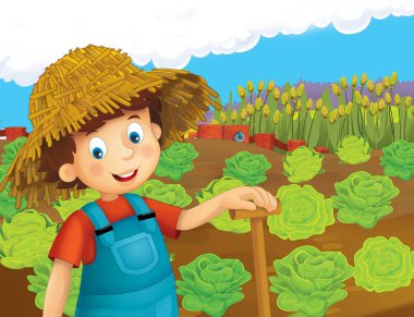 ayakta ve gülümseyen çiftlikte - çalışan mutlu çocuk çizgi film sahne / illüstrasyon çocuklar için