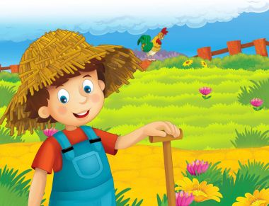 ayakta ve gülümseyen çiftlikte - çalışan mutlu çocuk çizgi film sahne / illüstrasyon çocuklar için