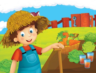 ayakta ve gülümseyen çiftlikte - çalışan mutlu çocuk çizgi film sahne / illüstrasyon çocuklar için