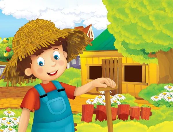 Cartoon Scene Happy Boy Working Farm Standing Smiling Illustration Children — Stock Photo, Image