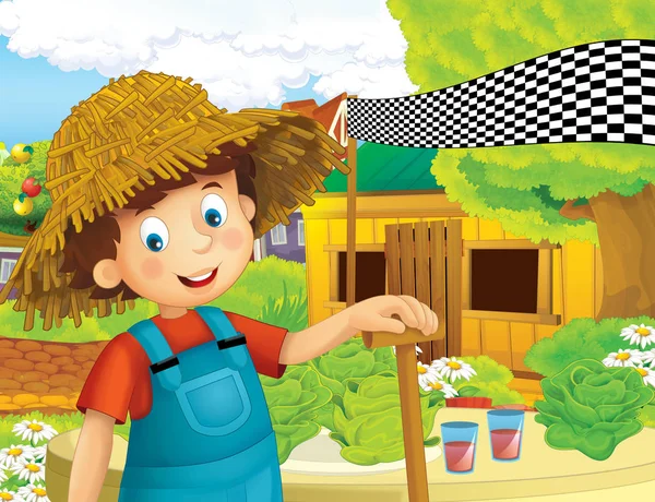 卡通场面与愉快的男孩工作在农场站立和微笑或例证为孩子 — 图库照片