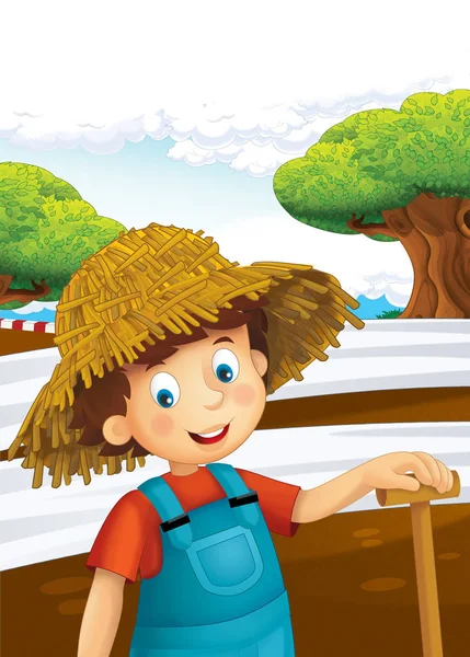 ayakta ve gülümseyen çiftlikte - çalışan mutlu çocuk çizgi film sahne / illüstrasyon çocuklar için 