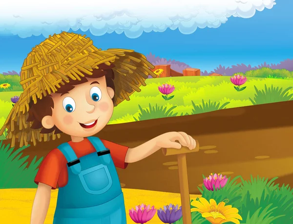 ayakta ve gülümseyen çiftlikte - çalışan mutlu çocuk çizgi film sahne / illüstrasyon çocuklar için