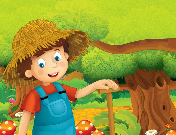 Kreslený Scény Šťastný Chlapec Farmě Stál Usmíval Ilustrace Pro Děti — Stock fotografie