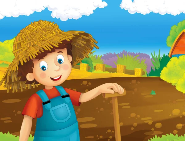 卡通场面与愉快的男孩工作在农场站立和微笑或例证为孩子 — 图库照片