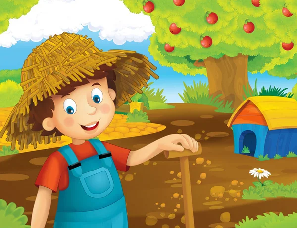 ayakta ve gülümseyen çiftlikte - çalışan mutlu çocuk çizgi film sahne / illüstrasyon çocuklar için
