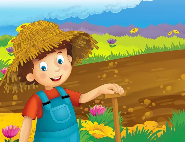 Kreskówka Scena Szczęśliwym Chłopcem Pracujących Gospodarstwie Stały Uśmiechnięte Ilustracja Dla — Zdjęcie stockowe