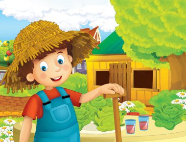 ayakta ve gülümseyen çiftlikte - çalışan mutlu çocuk çizgi film sahne / illüstrasyon çocuklar için