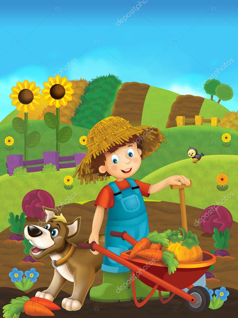 Imágenes: animadas de niños en la granja | Escena Dibujos Animados Con Niño Feliz Trabajando ...