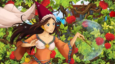 Çocuklar için Bahçe - kale içinde belgili tanımlık geçmiş - resimde güzel prenses çizgi film sahne