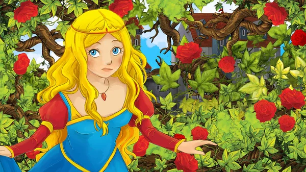 Cartoon Scene Beautiful Princess Garden Castle Background Illustration Children — Stock Photo, Image