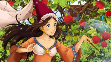 Çocuklar için Bahçe - kale içinde belgili tanımlık geçmiş - resimde güzel prenses çizgi film sahne